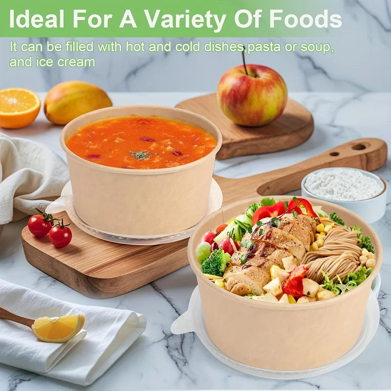 Disposable Paper Bowl Set with Lids - 25Oz Food Containers for Soup Salad Meal Prep