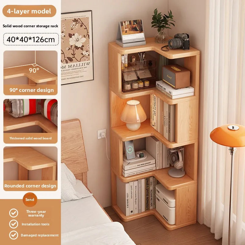 Solid Wood Corner Bookshelf with Multi-Layer Storage - Living Room & Bedroom Organizer