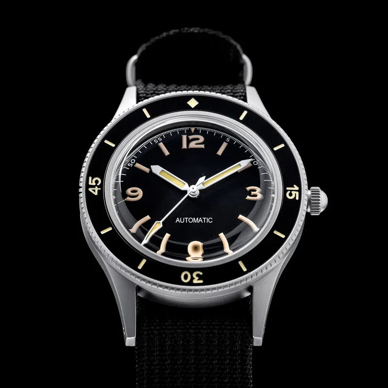 50-Fathoms Retro Black 40mm Sapphire Automatic Diver Watch with Green Luminous Bezel