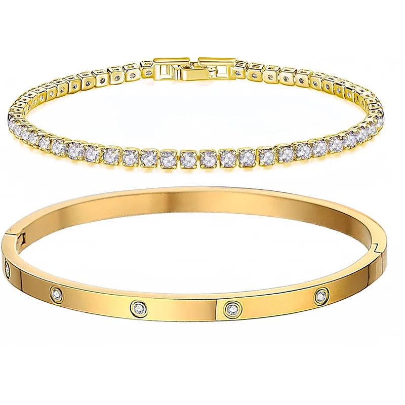 2-Piece Gold Plated Tennis Bracelets for Women - Dainty Love Bangle Set with Cubic Zirconia