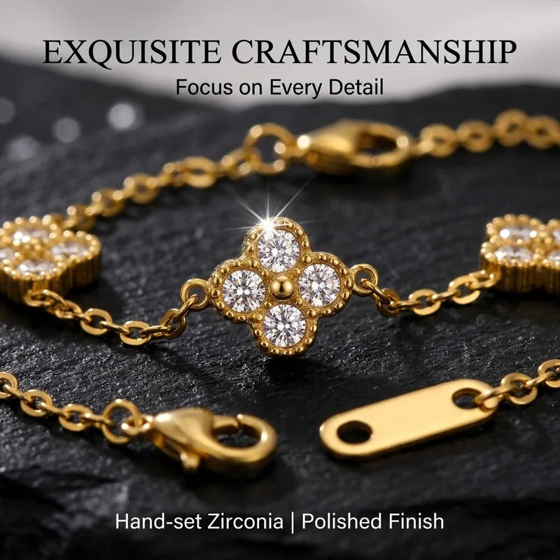 Gold Color Flower Zircon Bracelet - Hypoallergenic Stainless Steel Jewelry for Women