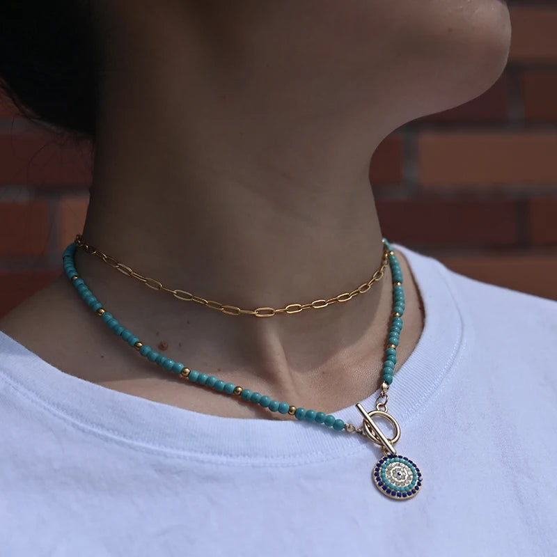 Colorful Stone Choker Necklace for Women Evil Charm Pendant Fashion Jewelry