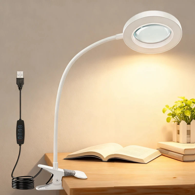 LED Clip-On Magnifying Desk Lamp 5X Magnifier Dimmable Adjustable Light