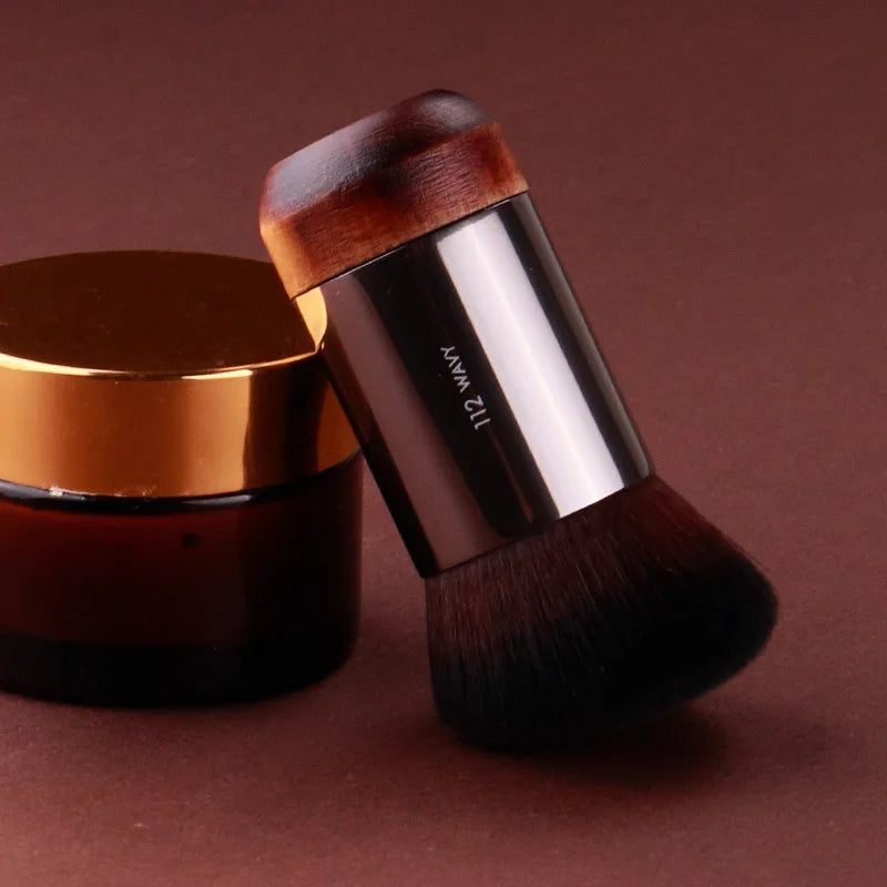 Portable Angled Foundation Makeup Brush - Natural Wood Handle, Synthetic Hair