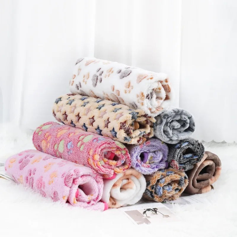 Soft Fluffy Pet Blanket for Dogs and Cats - Warm Comfortable Flannel Mat with Paw Print Pattern