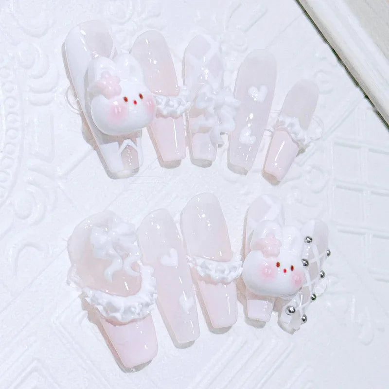 10 Pcs Long Fake Nails with Cute 3D Rabbit French Style White Tips - Handmade Press On Nails