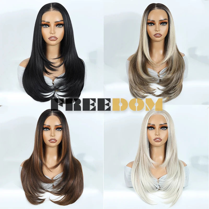 Layered Straight Synthetic Lace Front Wig for Black Women - Glueless Ombre Brown T-Part & 6x4 Pre-Plucked Style