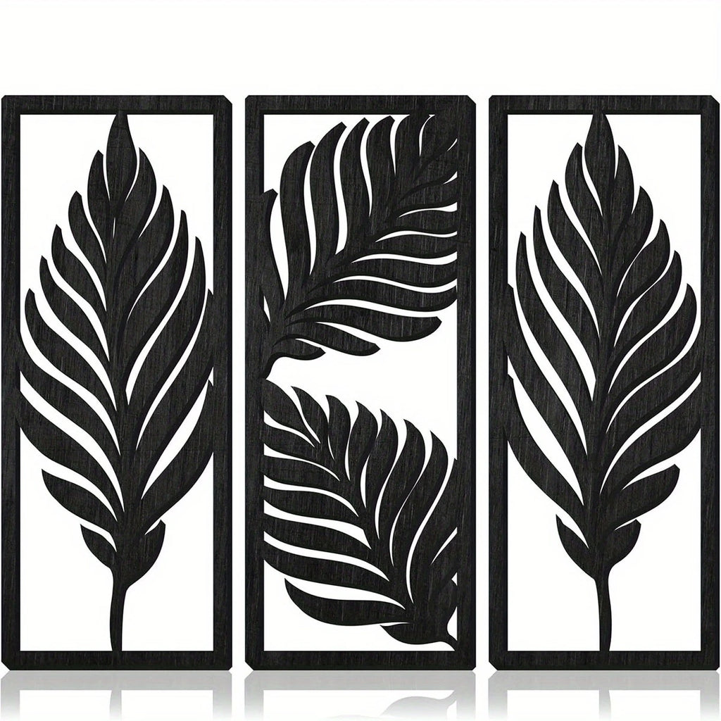 14-inch Wooden Leaf Wall Decor Set - Bohemian Tropical Style, Indoor & Outdoor Hanging
