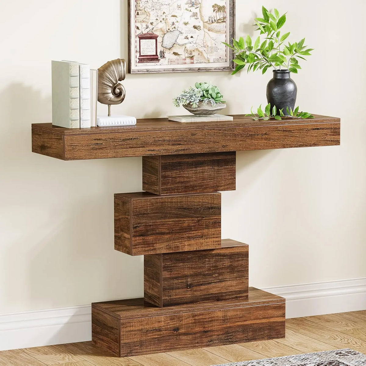 Farmhouse Console Table with Geometric Base - Narrow Wood Entryway & Sofa Accent