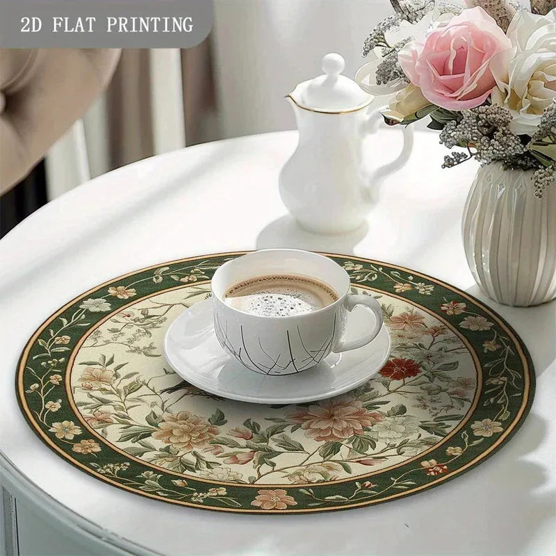 4-Piece Round Placemat Set with Floral Bird Print - Heat-Resistant & Non-Slip Linen Kitchen Decor
