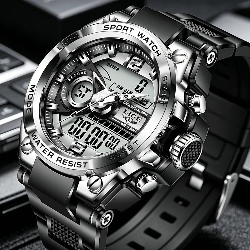 Men's Sport Watch 50M Waterproof Dual Display LED Chronograph Quartz Wristwatch Gift Set