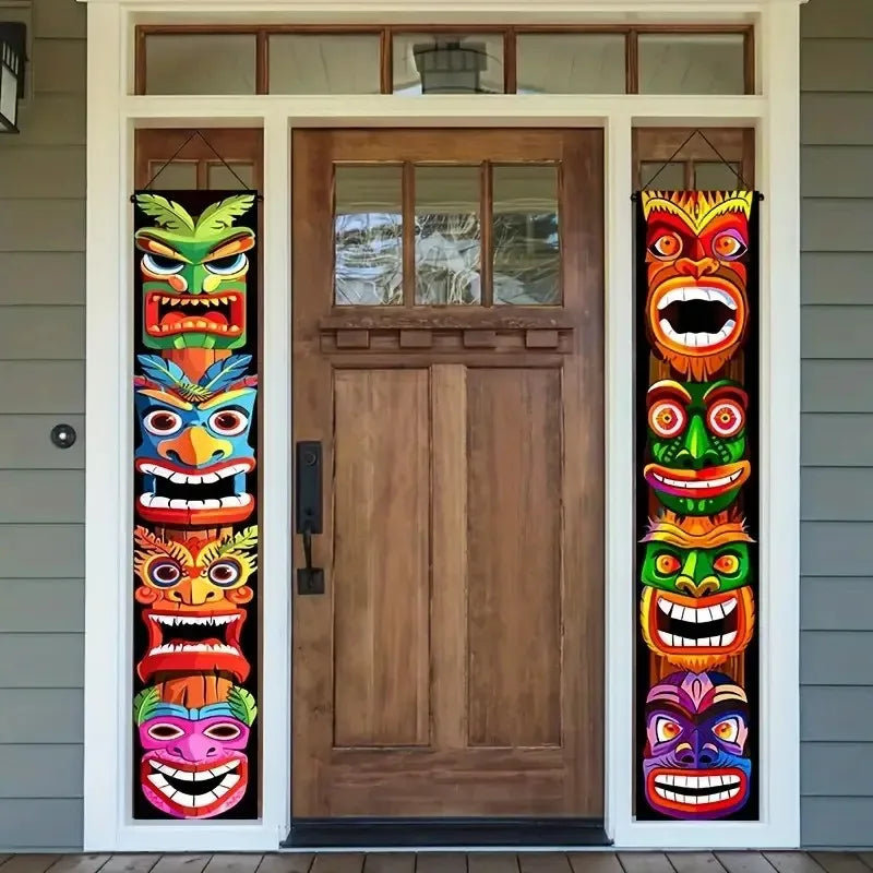 2-Piece Hawaiian Tiki Door Flag Set with Aloha Tropical Logo for Party and Decor