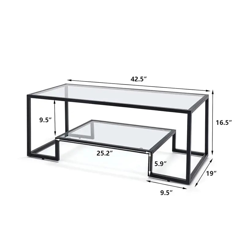 Glass 3-Piece Coffee Table Set with Tempered Top & Black Metal Frame, Storage Shelf, Modern Living Room Furniture