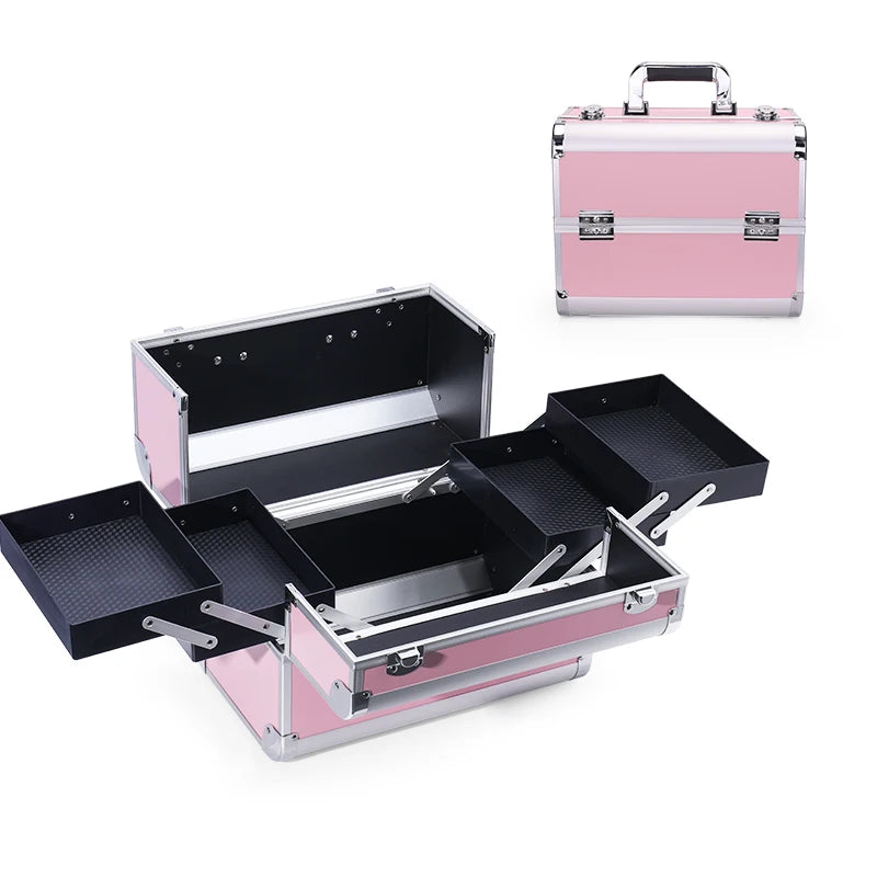 Makeup Train Box with Adjustable Trays Lockable Cosmetic Storage Organizer