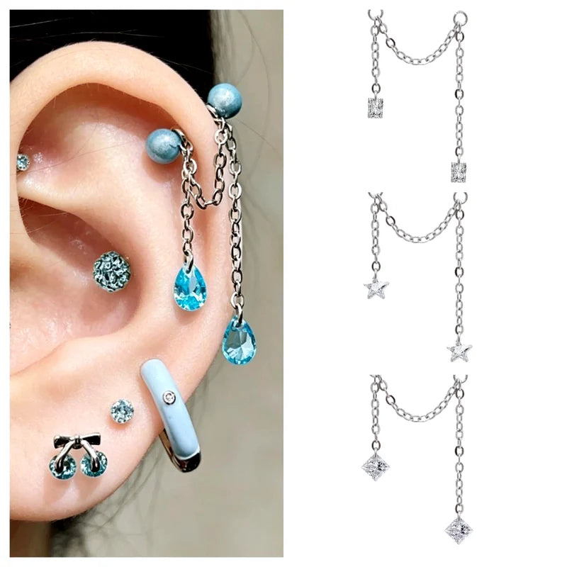 Stainless Steel Chain Ear Stud with Zircon Stars & Hearts - Cartilage Piercing Jewelry
