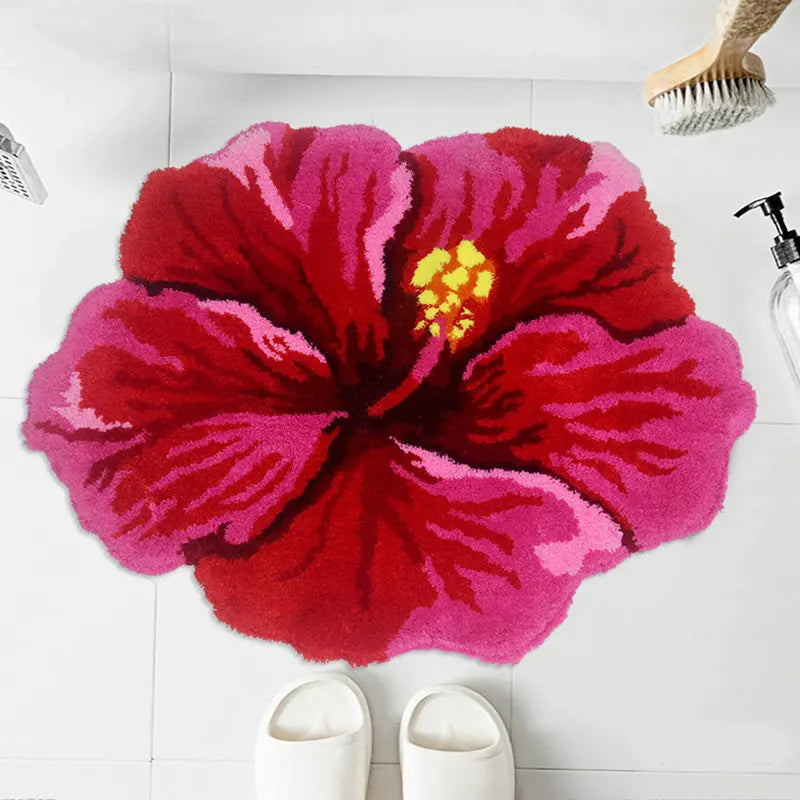 Red Hibiscus Plush Tufted Carpet Floor Mat - Bathroom, Living Room & Bedroom Decor