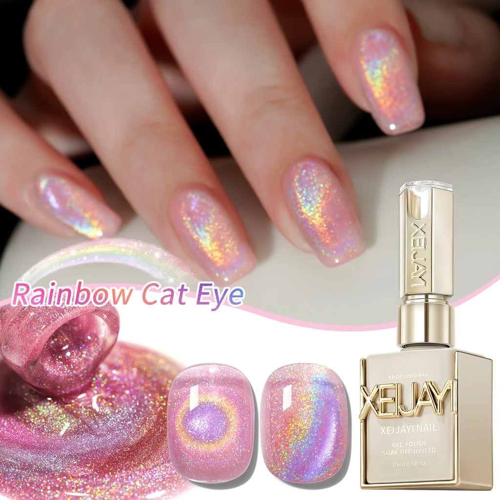 15ml Pink Cat's Eye Gel Nail Polish with Magnetic Flash UV LED Durable Manicure