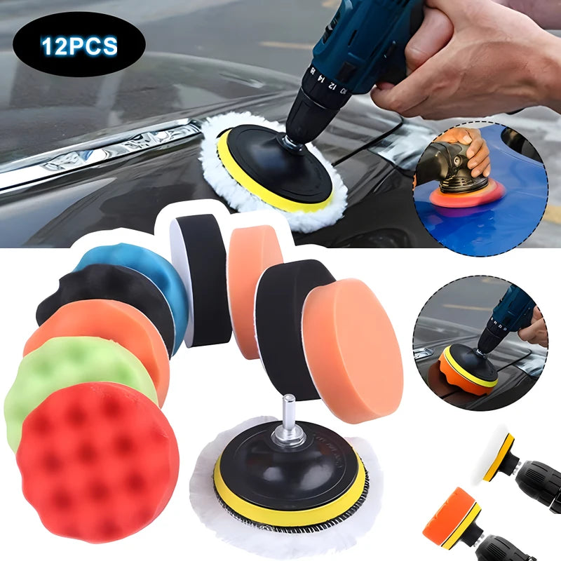 12pcs Car Polishing Buffing Pad Kit – Foam & Wool for Waxing Sealing & Glazing