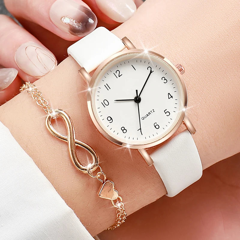 Women's Leather Band Quartz Watch Set with Heart Bracelet - Gold, Arabic Dial