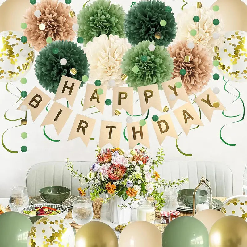 Green Birthday Party Decorations Banner Balloons Kraft Paper Set - Happy Birthday
