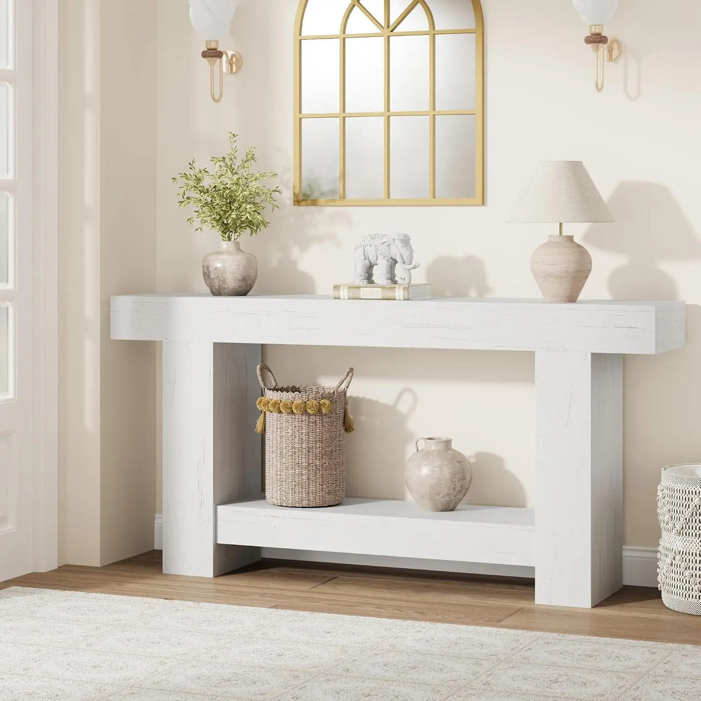 Farmhouse 63-Inch Console Table with H-Base, 2-Tier Entryway & Living Room Storage