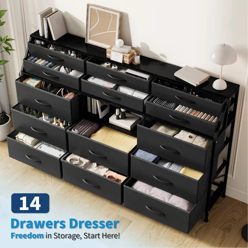 14-Drawer Storage Dresser & TV Stand with Shelves - Wide Fabric & Wood Chest for Bedroom & Living Room