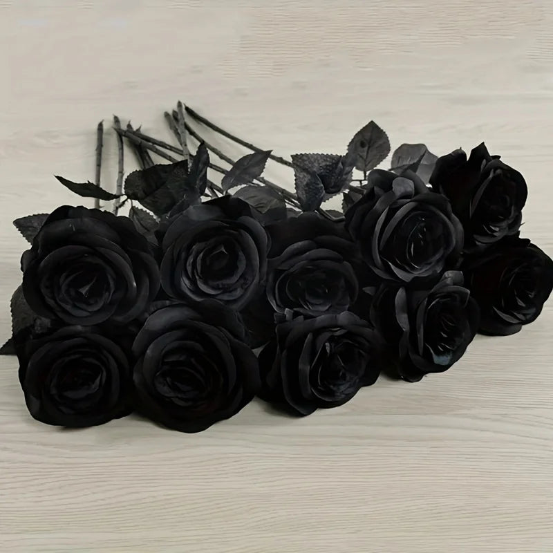 Artificial Black Roses Fake Flowers Long Stem Set for Halloween Wedding Home Decor