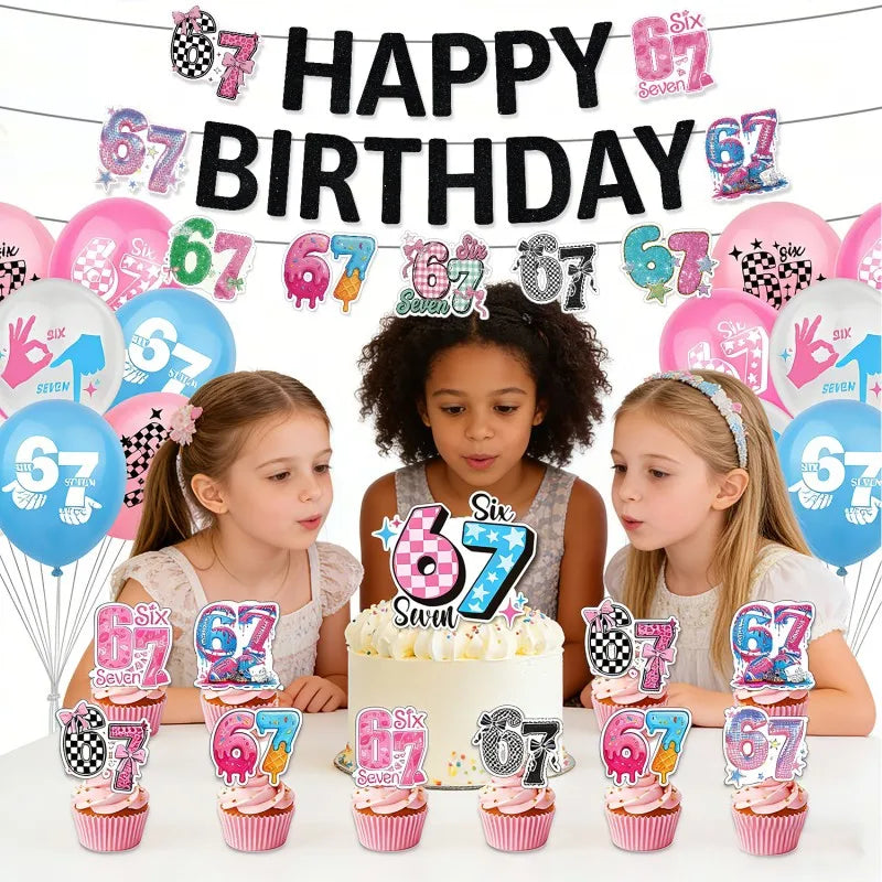 Birthday Balloon Cake Topper Banner Decoration Set - 67th Celebration Supplies