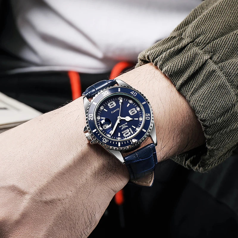 Men's Leather Strap Quartz Wristwatch - Luxury Fashion Calendar Watch