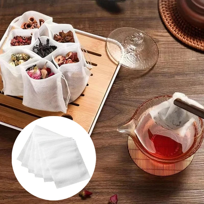 Disposable Tea Filter Bags with Drawstring - 100 Pcs, Food-Grade Material