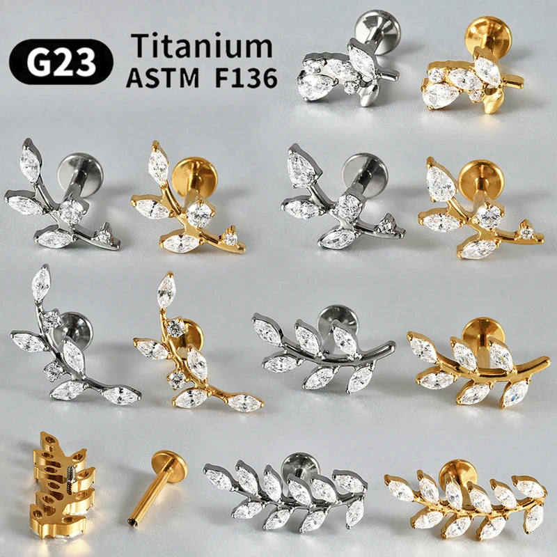 Marquise Zircon Leaf Piercing Stud 16G Titanium Earring for Tragus Conch Helix