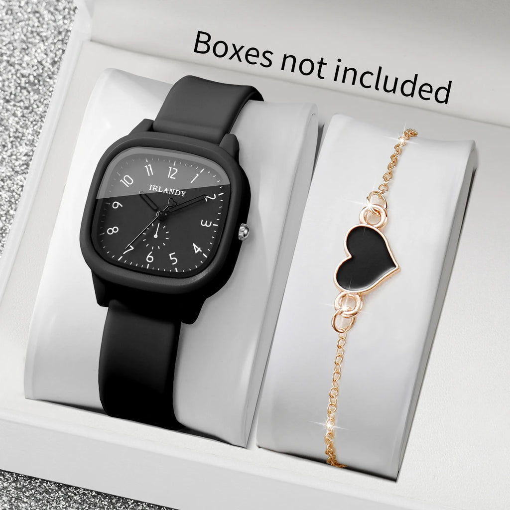 Fashion Square Women Quartz Watch with Heart Bracelet Set Silicone Strap, Arabic Dial