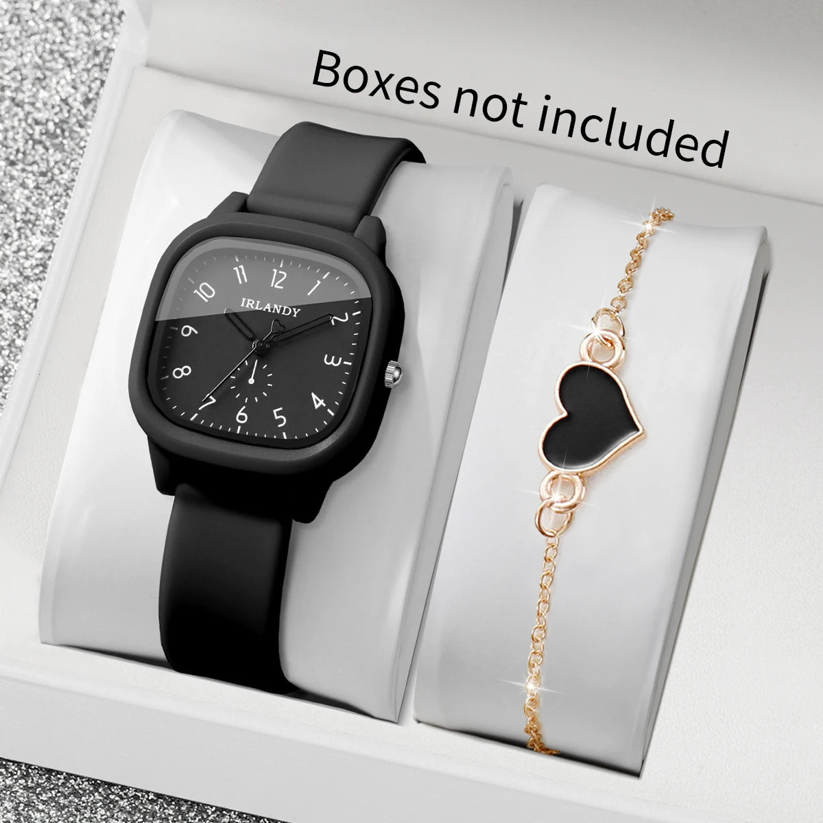 Fashion Square Women Quartz Watch with Heart Bracelet Set Silicone Strap, Arabic Dial