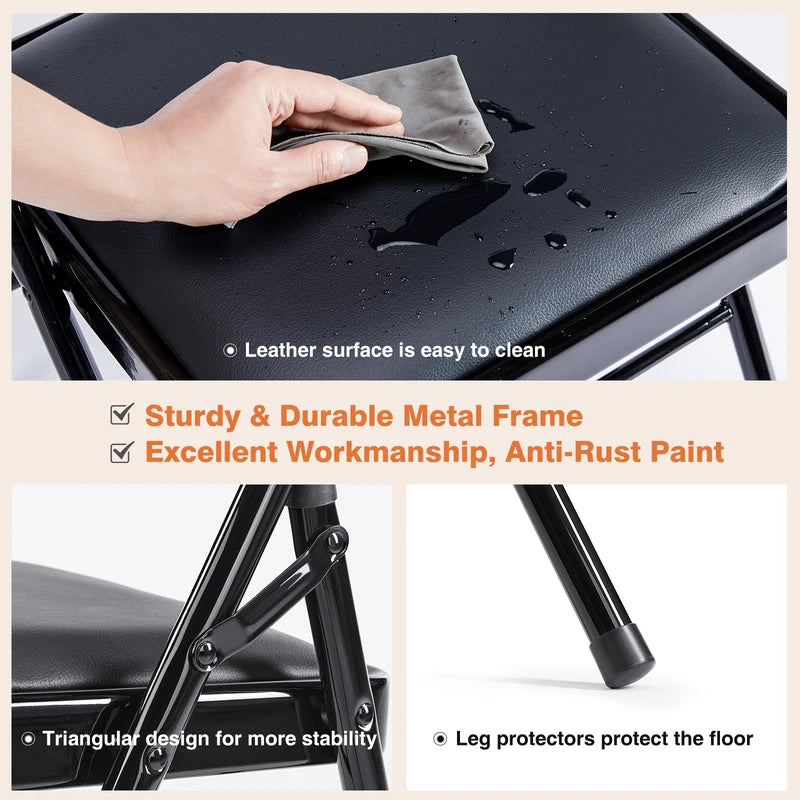4 Pack Folding Chairs with Padded Leather Seating, Metal Frame, Easy Storage
