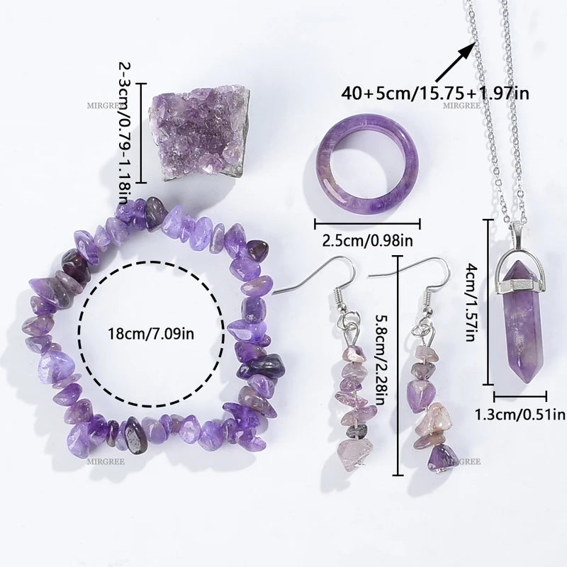 Natural Amethyst Jewelry Set - Bracelet Necklace Ring Earrings Healing Crystals