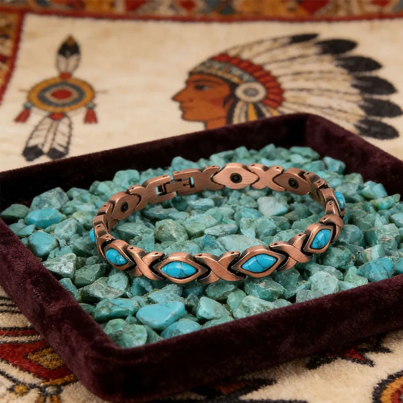 Vintage Copper Turquoise Inlay Magnetic Therapy Bracelet for Women - Boho Western Style Jewelry