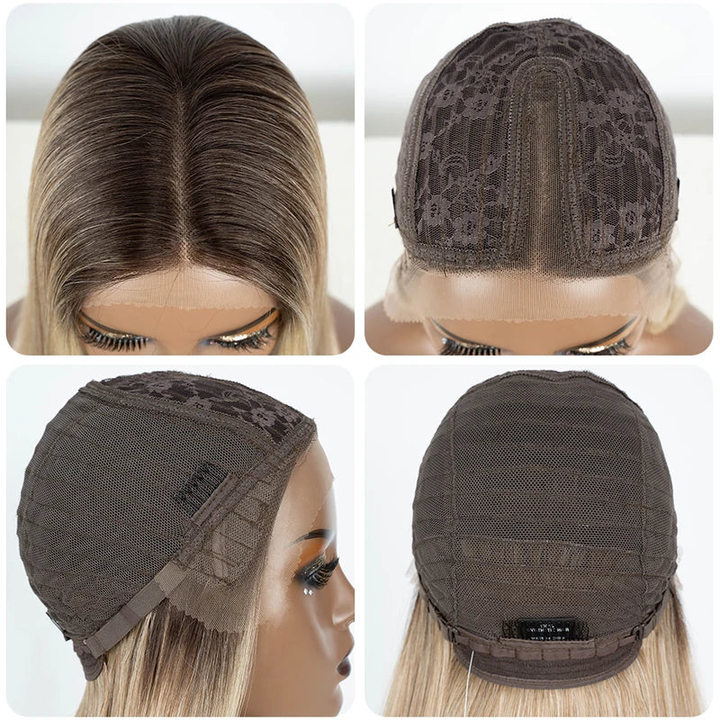 Synthetic Lace Front Wig 22 Inch Straight Bob Style with Dark Root Blonde for Women