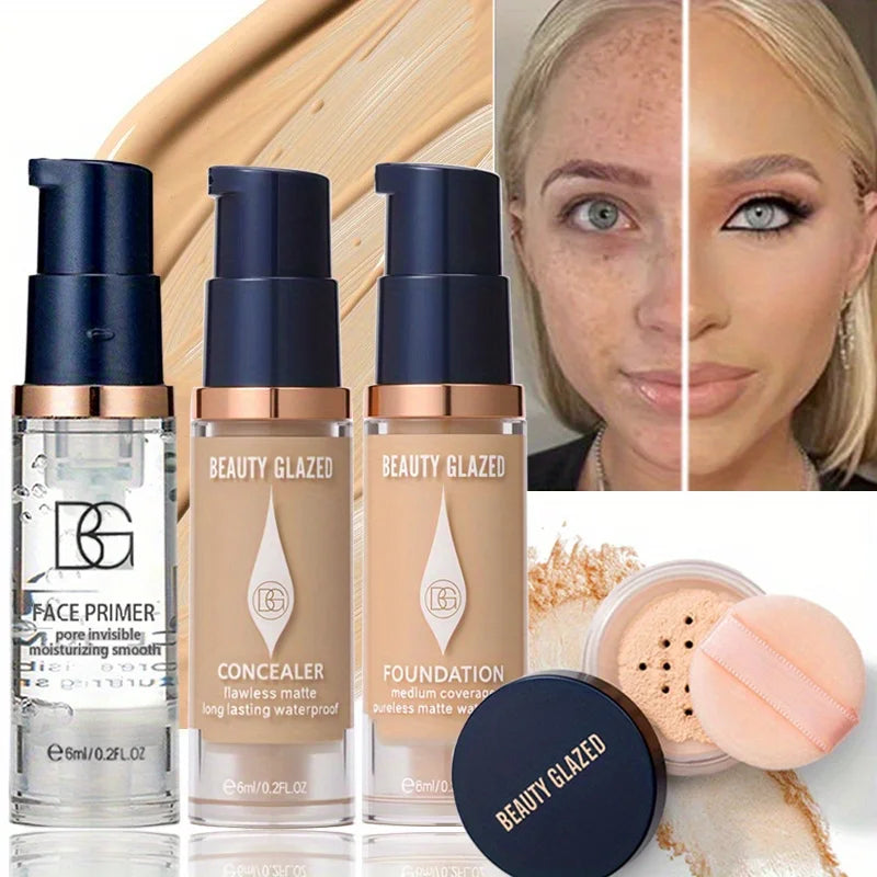 4-Piece Makeup Kit with Primer, Concealer & Foundation - Long-Lasting Waterproof Face Set