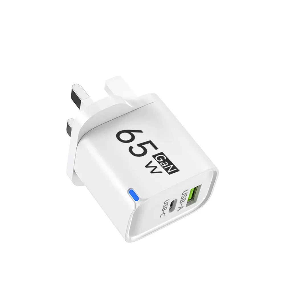 GaN 65W Fast USB-C Charger with Dual Ports, Universal Compatibility, Compact & Travel-Friendly