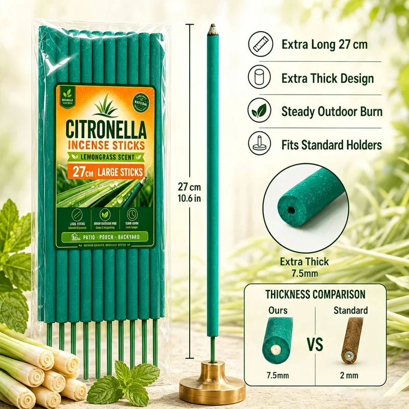 Large Incense Sticks - Lemongrass Mint Rose Rosemary Herbal Scent, 27cm Outdoor Aromatherapy