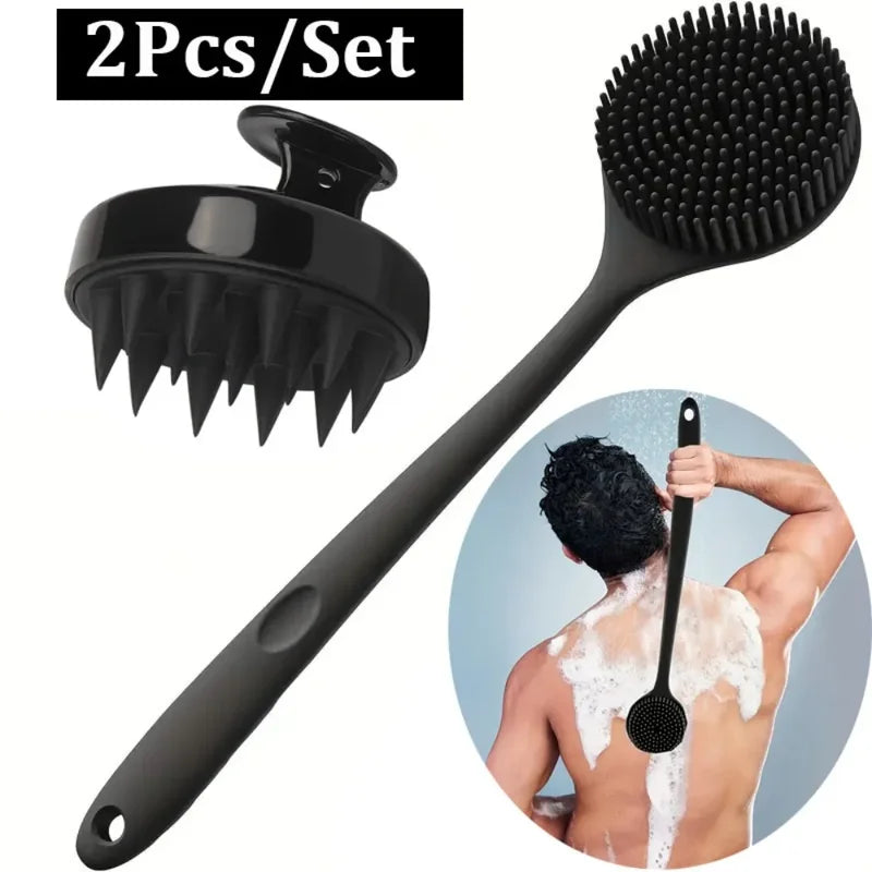 Dual-Sided Silicone Bath Brush Set with Long Handle for Exfoliating & Massage