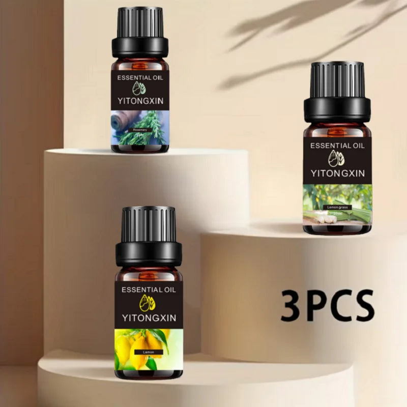Essential Oil Set 3 Pack - Rosemary, Lemongrass, Lemon 10ml Bottles for Body Massage