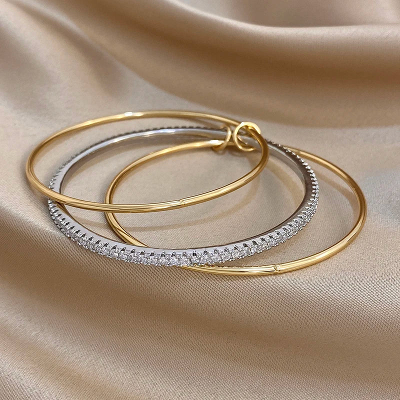 3-Pack Two Tone Rhinestone Silver Gold Bangle Bracelets for Women