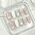 Full-Cover Nail Tips Set - Almond-Shaped, Pink & White Cherry Dots, 10 Piece