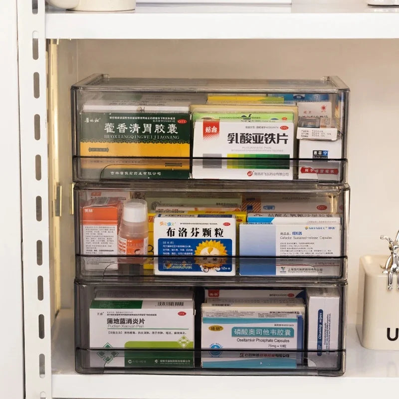 Large Capacity Acrylic Medicine Storage Box with Pull-Out Drawer, Stackable Organizer for Home Medical Supplies