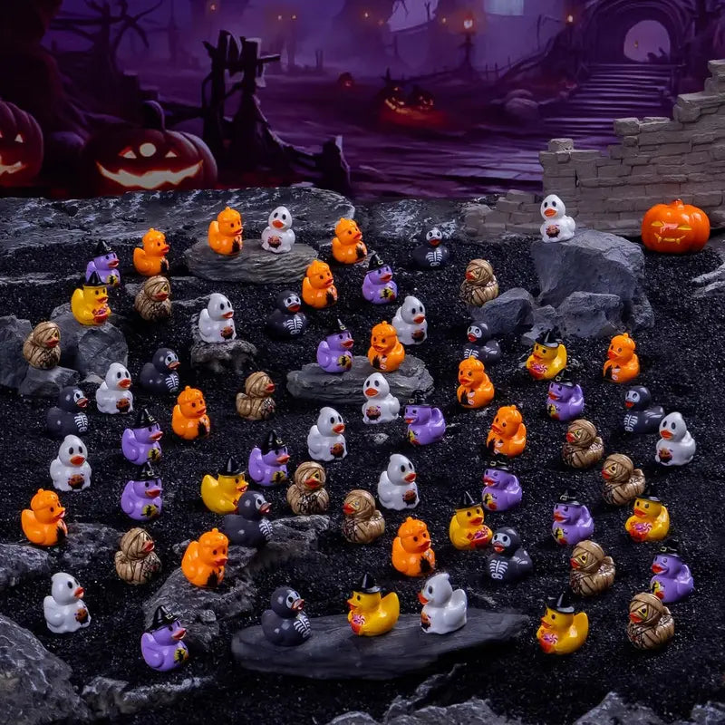Halloween Mini Duck Figurines Set - Ghost Pumpkin Skeleton Decor for DIY Crafts and Parties