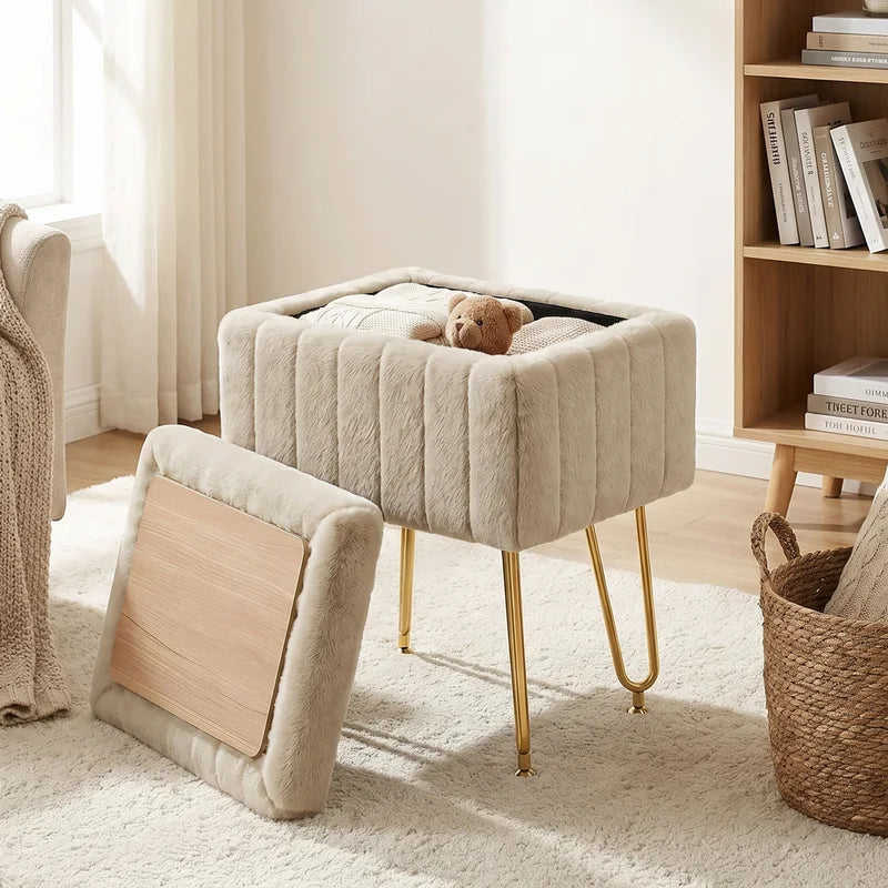 Faux Fur Vanity Stool with Hidden Storage and Adjustable Metal Legs