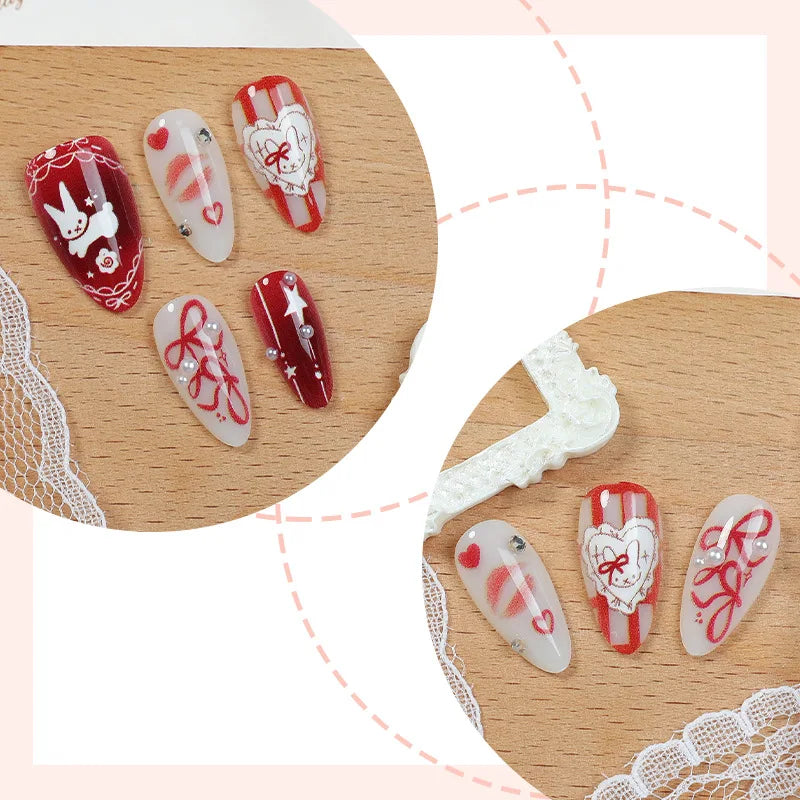 24Pcs Bow Cartoon Rabbit Press-On Nails - Full Cover Almond Fake Manicure Set