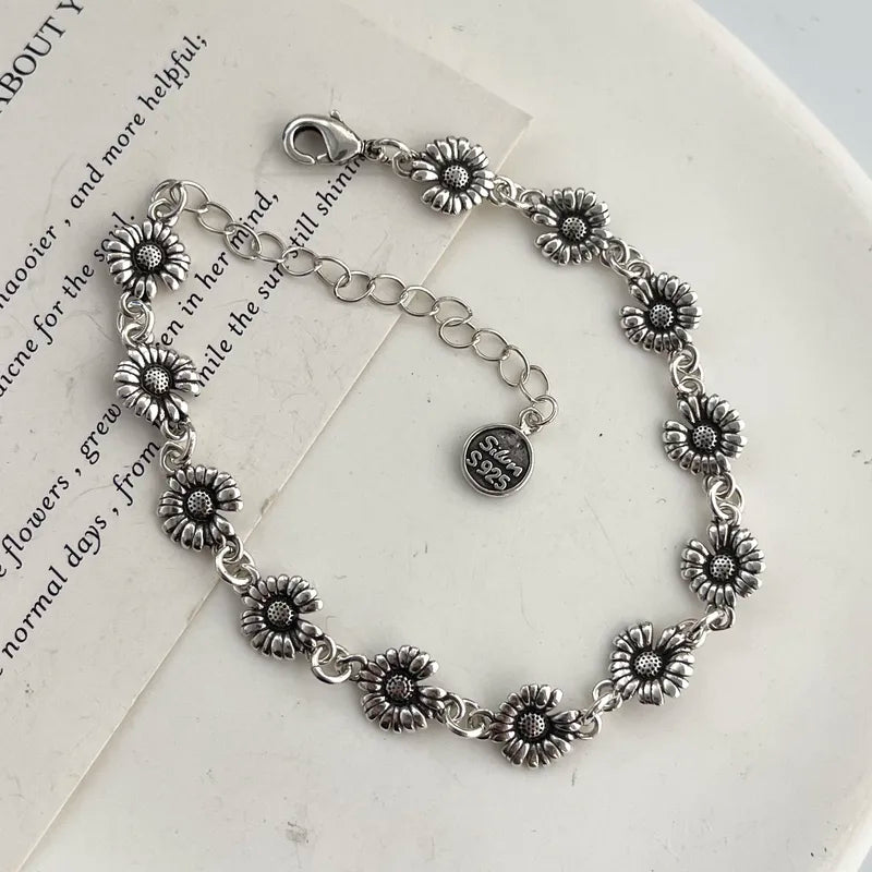 925 Sterling Silver Retro Flower Bracelet for Women & Men Handmade Vintage Jewelry Gift