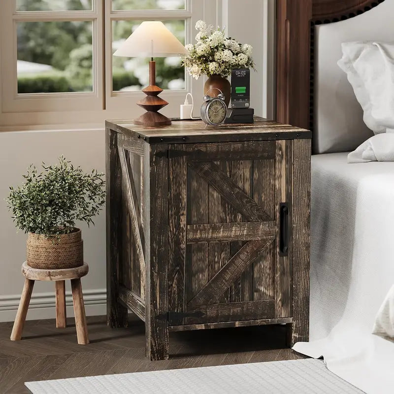 Farmhouse Bedside Table with USB Charging Station, Adjustable Two-Tier Shelf, Rustic Barn Door, Modern Bedroom End Table